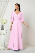 Numbersea  Formal Prom Gown Women V-Neck Chiffon Bridesmaid Dresses Long Bishop Sleeve Party Dress 2807