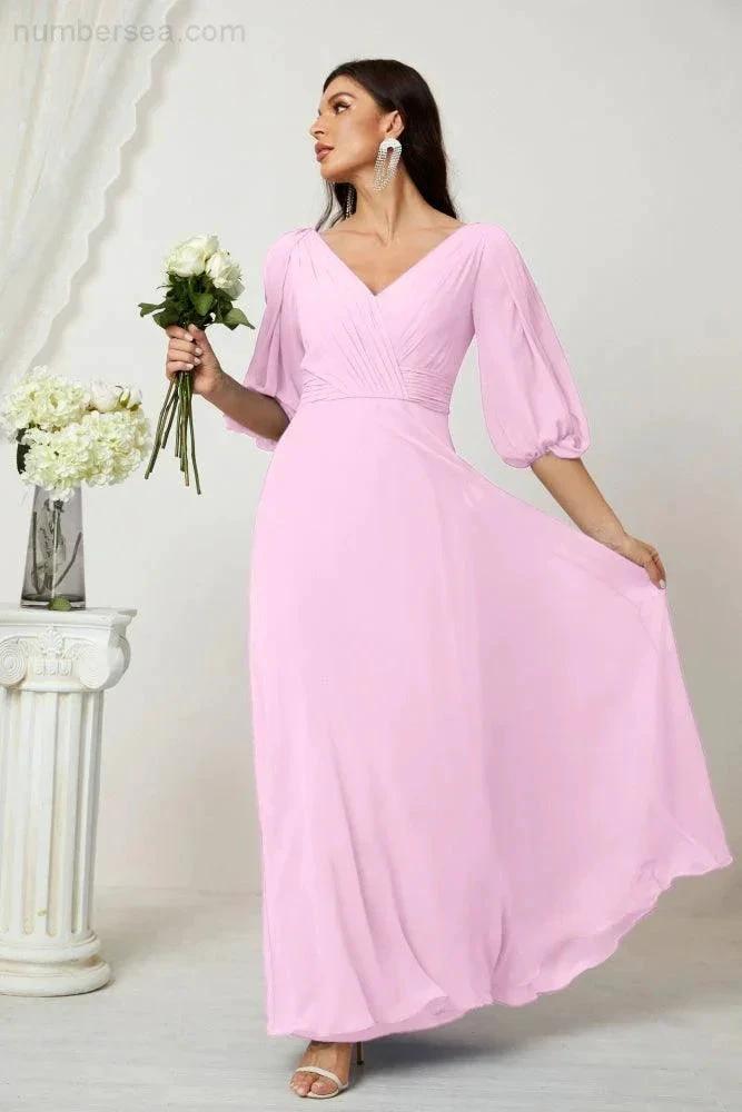 Numbersea  Formal Prom Gown Women V-Neck Chiffon Bridesmaid Dresses Long Bishop Sleeve Party Dress 2807