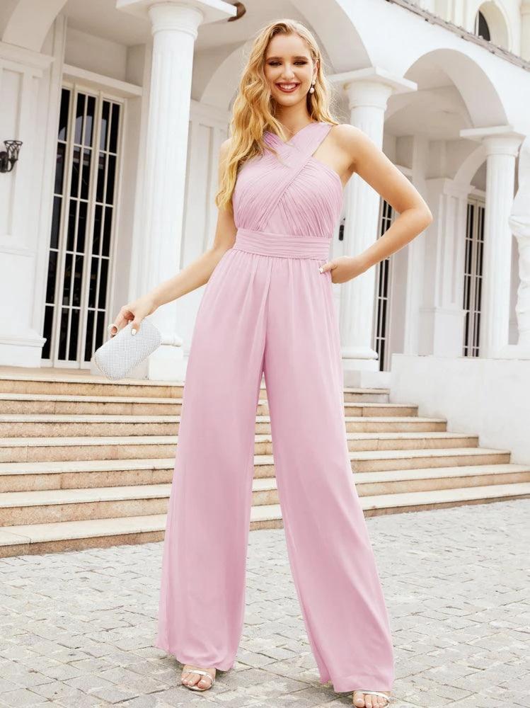 Numbersea Crisscross Neck Jumpsuit Formal Evening Dress Long Bridesmaid Dresses Bell-bottomed Pants 28033
