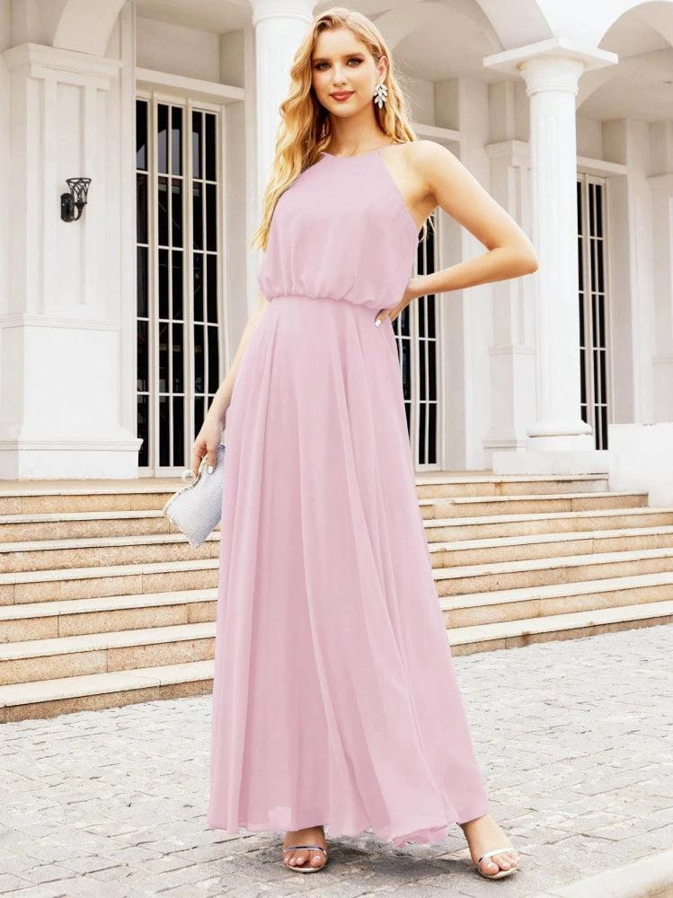 Numbersea  Halter Long Bridesmaid Dresses Formal A line Juniors Dress 28029