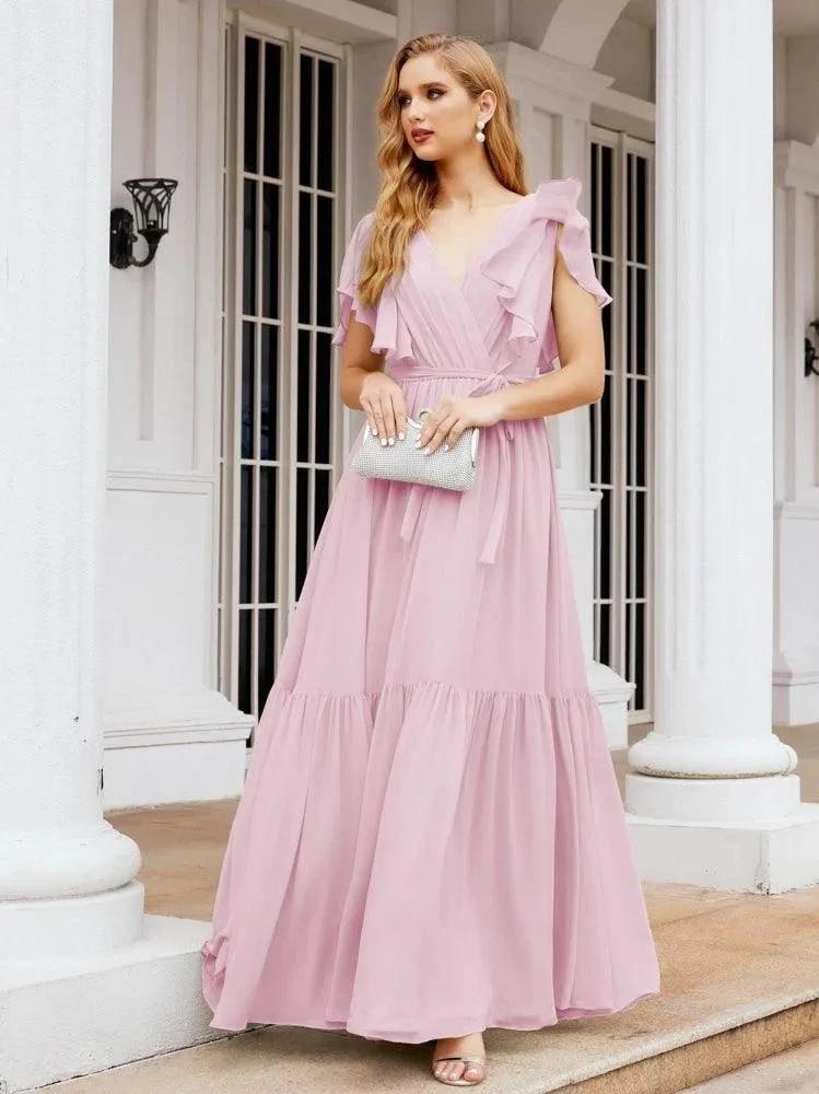 Numbersea Women's Open Back Formal Evening Party Prom Gowns V-Neck Long Chiffon Bridesmaid Dresses with Waist Belt 28038