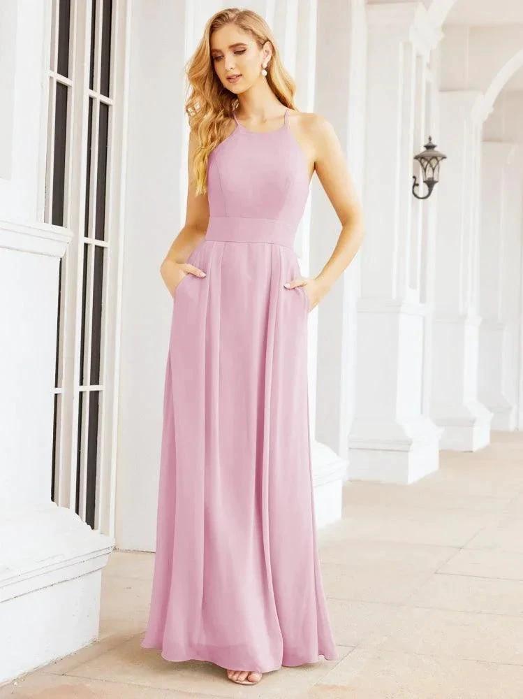 Numbersea Halter Bridesmaid Dresses with Pockets Sleeveless Formal Evening Party Prom Gowns  28055