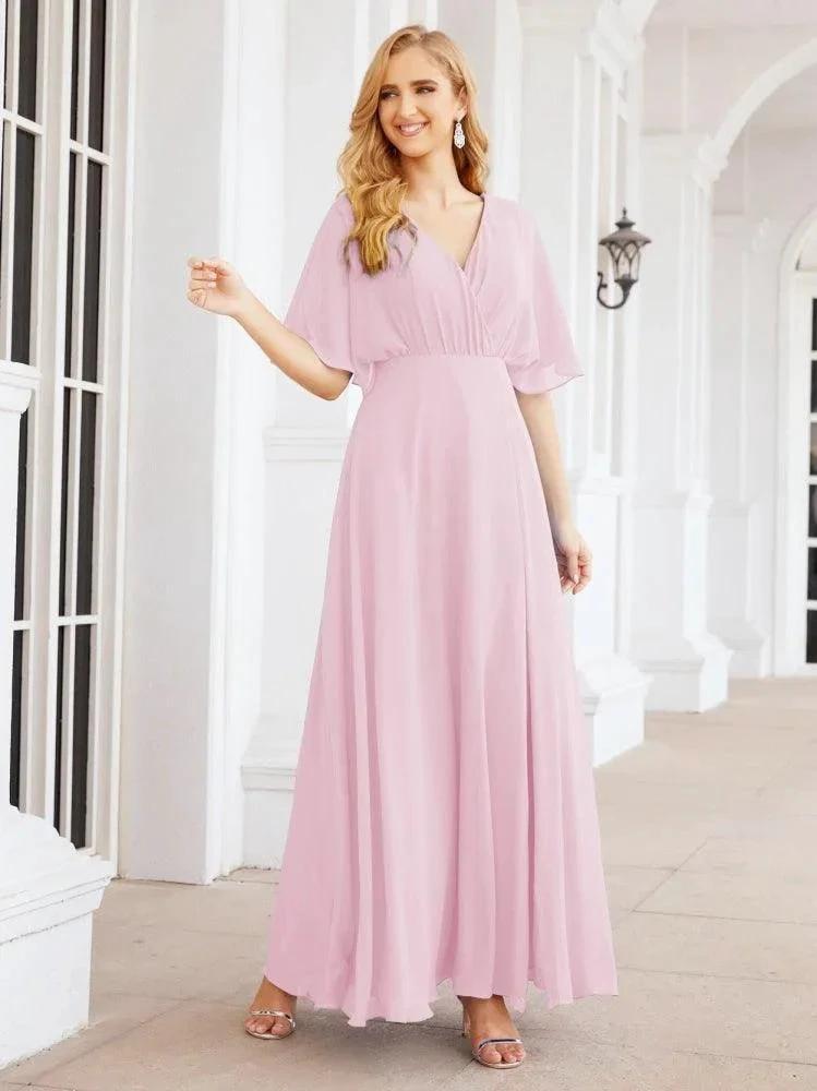 Numbersea V-Neck Bridesmaid Dress Chiffon Long Open Back Formal Dresses for Women Party Evening 28067