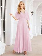 Numbersea V-Neck Bridesmaid Dress Chiffon Long Open Back Formal Dresses for Women Party Evening 28067
