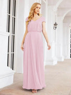 Numbersea V-Neck Bridesmaid Dresses Long Cap Sleeves Prom Evening Formal Gowns 28071