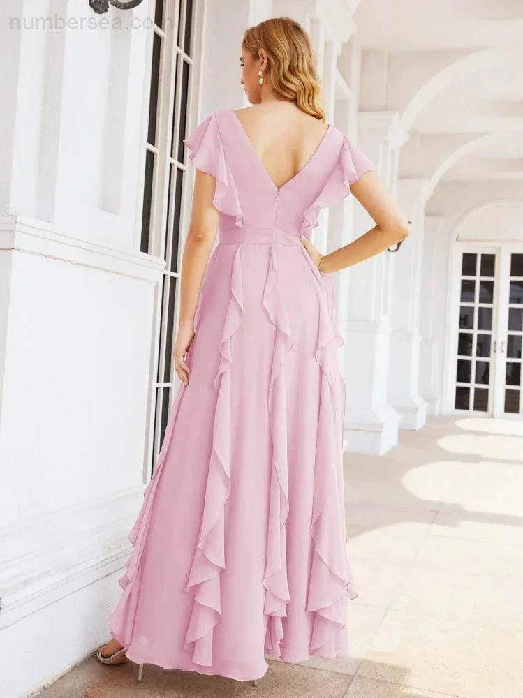 Ruffled Bridesmaid Dresses with Sleeves Long Formal Party Dress 28041