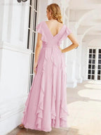 Ruffled Bridesmaid Dresses with Sleeves Long Formal Party Dress 28041