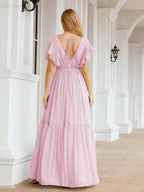 Numbersea Women's Open Back Formal Evening Party Prom Gowns V-Neck Long Chiffon Bridesmaid Dresses with Waist Belt 28038