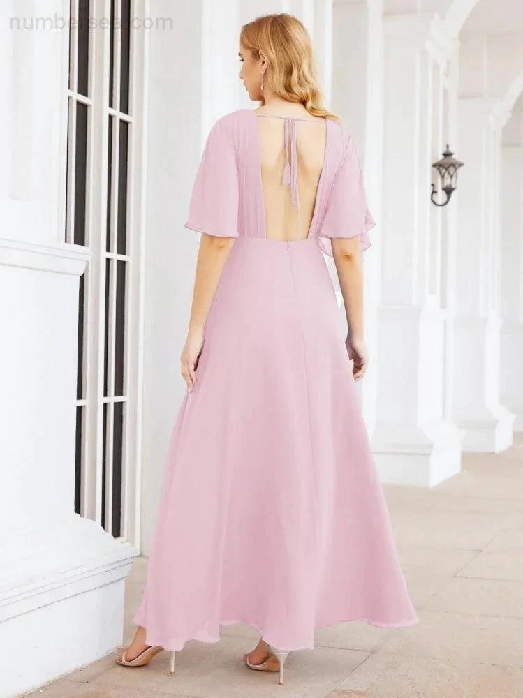 Numbersea V-Neck Bridesmaid Dress Chiffon Long Open Back Formal Dresses for Women Party Evening 28067