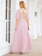 Numbersea V-Neck Bridesmaid Dress Chiffon Long Open Back Formal Dresses for Women Party Evening 28067
