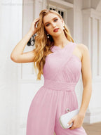 Numbersea Crisscross Neck Jumpsuit Formal Evening Dress Long Bridesmaid Dresses Bell-bottomed Pants 28033