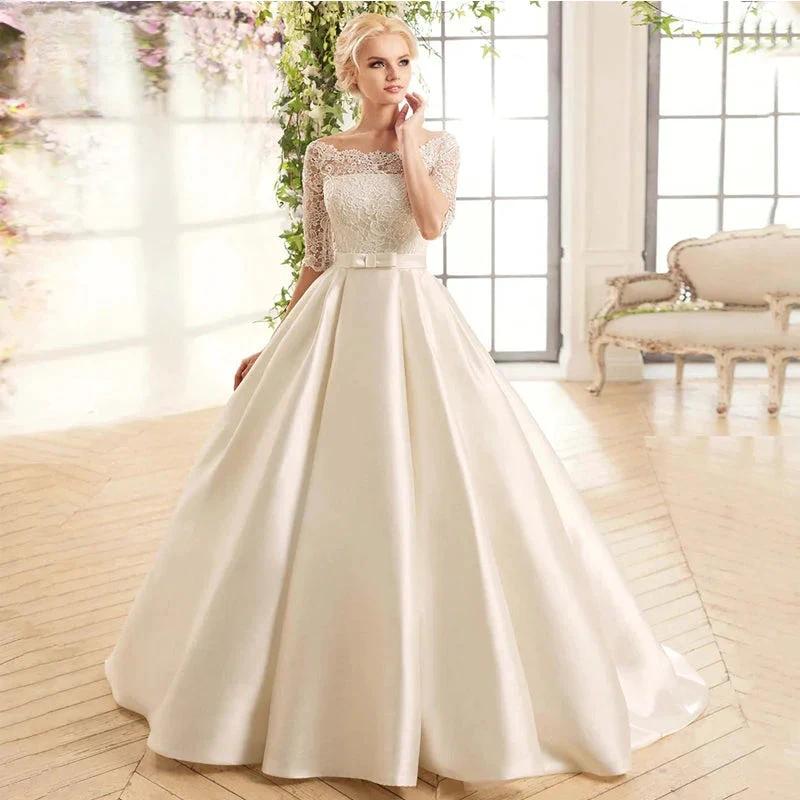 Elegant Lace Wedding Dresses For Women Half Sleevess Bride With Belt Bow Vestidos  De Novia Boda Suknia Ślubna Robe Mariée