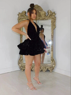 Sexy Black Sparkling Short Homecoming Dresses Back Open Tiered Sequin Graduation Gown Parties Night Y4111