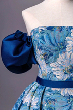 Blue Printed Long A-Line Prom Dress Blue Off the Shoulder Formal Evening Dress Y4605