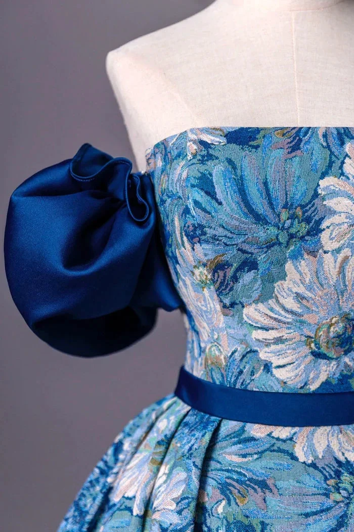 Blue Printed Long A-Line Prom Dress Blue Off the Shoulder Formal Evening Dress Y4605