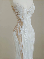 Charming Strapless White Tulle Lace Mermaid Wedding Dress,Long Prom Evening Dress Y8678