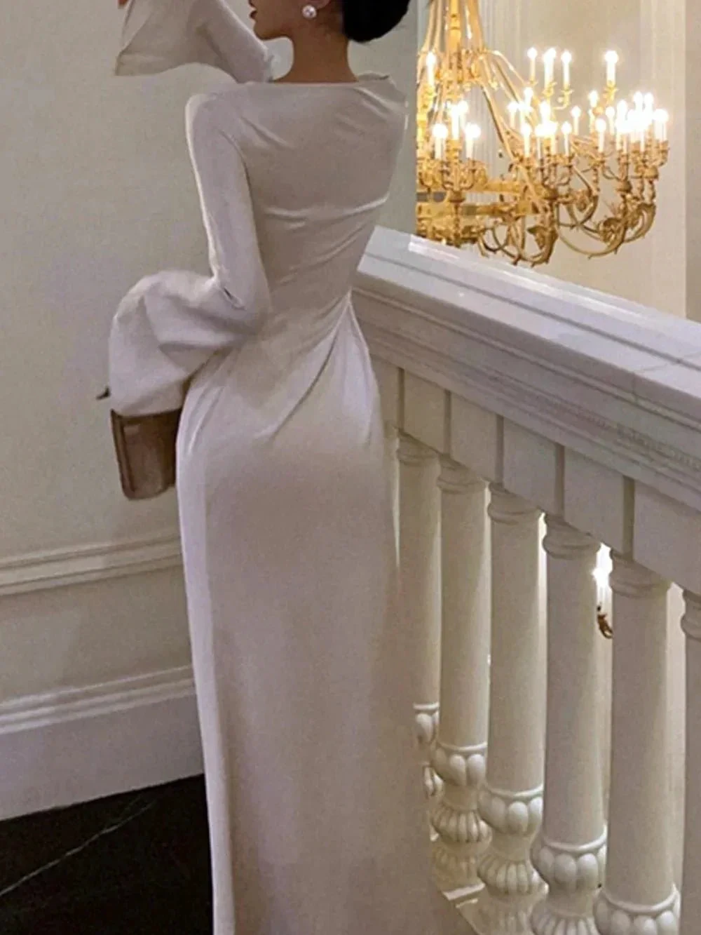 Women's O-Neck Satin Evening Dress Simple White Cocktail Dress Y6894