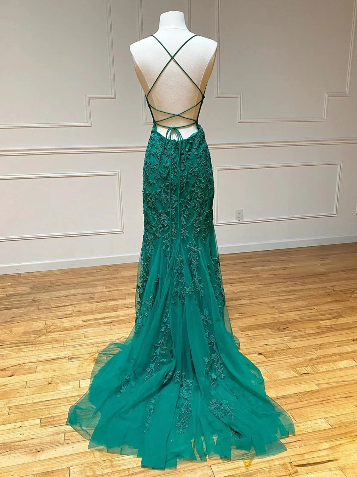 Backless Green Mermaid Lace Prom Dresses, Open Back Green Lace Mermaid Formal Evening Dresses Y1365