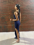 Shiny Navy Blue Sheath Evening Dress Navy Blue Evening Gown Y6359