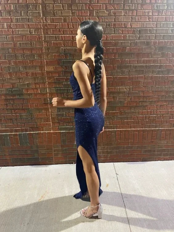 Shiny Navy Blue Sheath Evening Dress Navy Blue Evening Gown Y6359