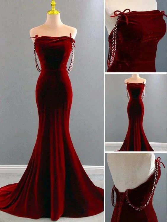 Charming Mermaid Wine Red Long Velvet Evening Dress Y7404