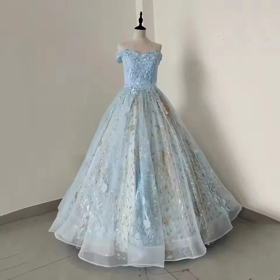 Light Blue Off The Shoulder Tulle Lace Appliques Princess Dresses Glitter Ball Gown Y8129