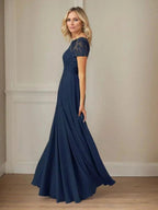 Dark Navy A-Line Boatneck Sequins Chiffon Dress