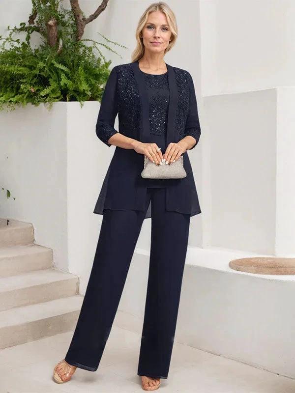Jumpsuit/Pantsuit Separates Scoop Floor-Length Chiffon Lace Mother of the Bride Dress With Sequins