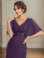 A-line V-Neck Floor-Length Chiffon Mother of the Bride Dress With Pleated Sequins Appliques Lace