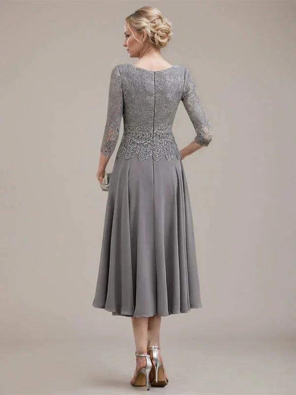 A-line Scoop Tea-Length Lace Chiffon Mother of the Bride Dress