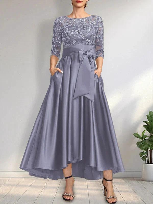 A-line Scoop Illusion Asymmetrical Satin Lace Mother of the Bride Dress With Bow