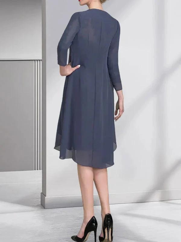 Sheath/Column Sweetheart Knee-Length Chiffon Mother of the Bride Dress With Beading Appliques Lace Sequins Pleated