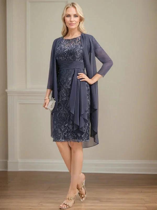 Sheath/Column Scoop Illusion Knee-Length Lace Chiffon Mother of the Bride Dress With Cascading Ruffles Sequins