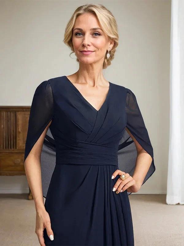 Dark Navy A-Line V-Neck Long Mother of Bride Dress