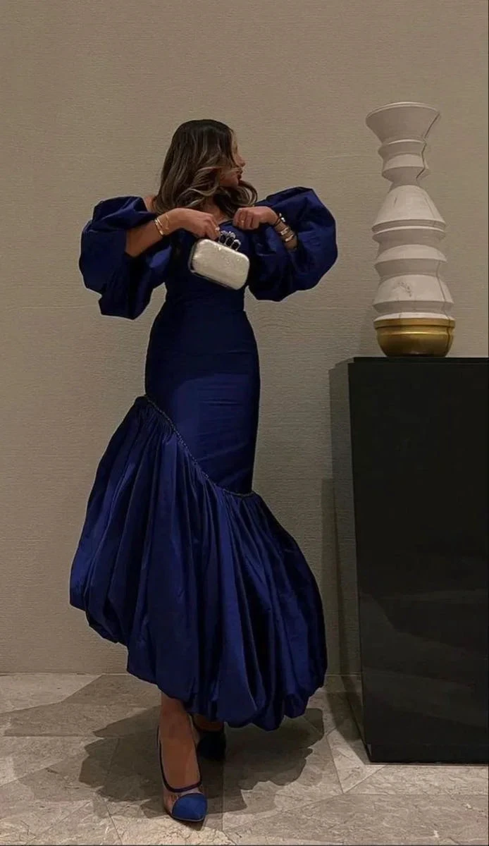 Unique Puff Sleeves Blue Pleated Mermaid Evening Dress Formal Prom Dress Y7789
