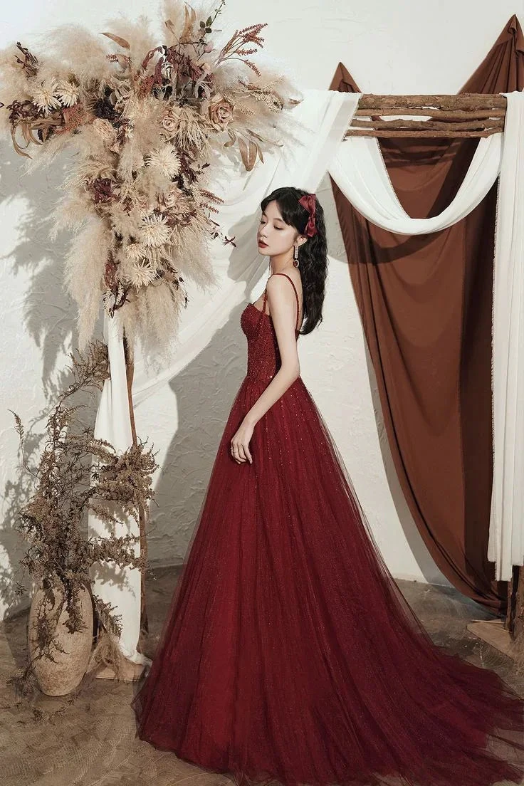 High quality sequin long prom dress burgundy evening dress Y4704