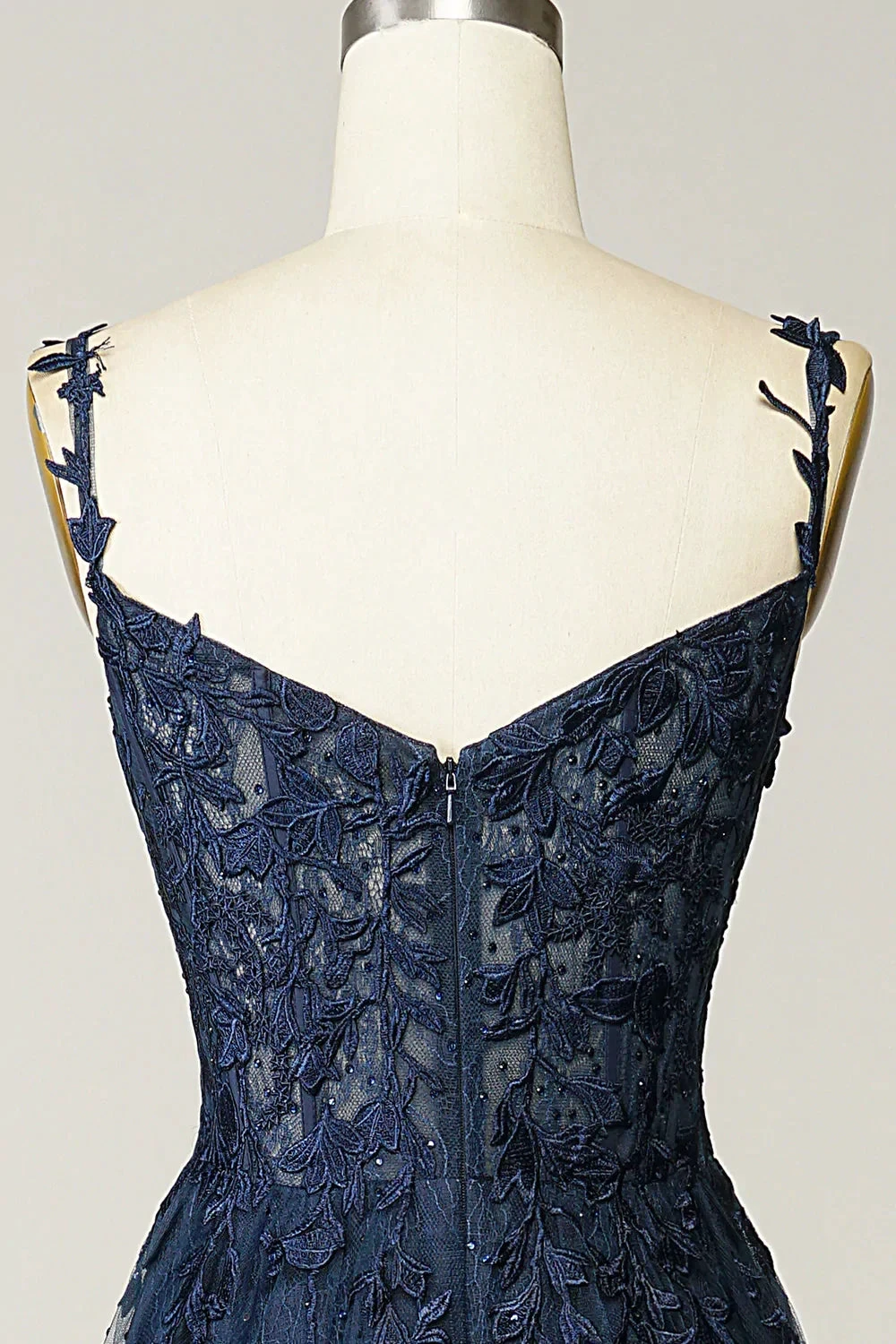 A-line Navy Blue Prom Dress Lace Tulle Evening Dress Y382