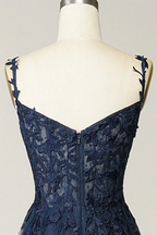 A-line Navy Blue Prom Dress Lace Tulle Evening Dress Y382