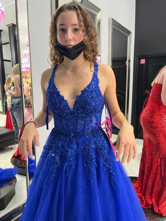 Blue A-line Tulle Appliques Prom Dress Blue Evening Dress Y6450