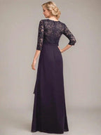 A-line V-Neck Floor-Length Lace Chiffon Mother of the Bride Dress With Cascading Ruffles Sequins