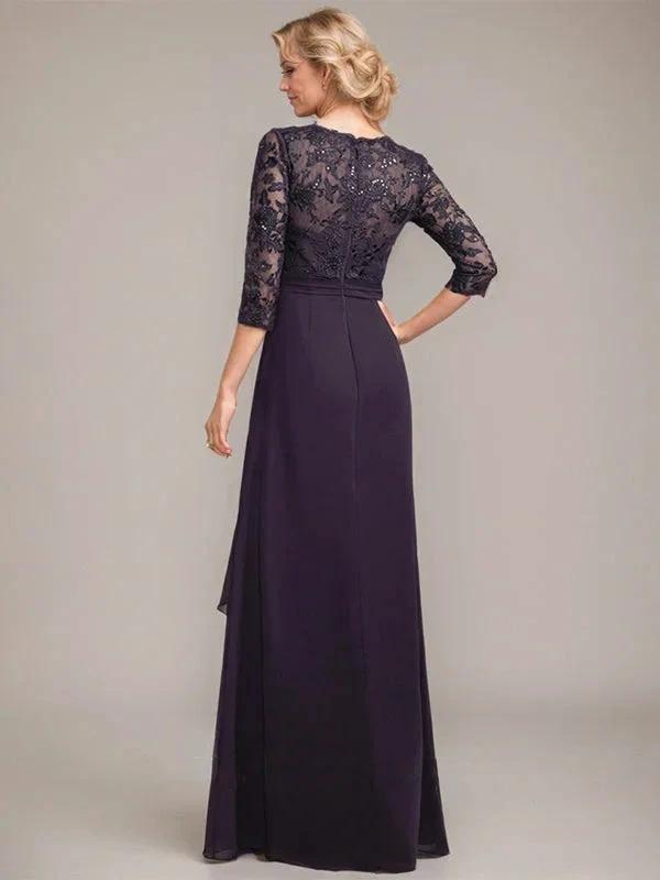 A-line V-Neck Floor-Length Lace Chiffon Mother of the Bride Dress With Cascading Ruffles Sequins