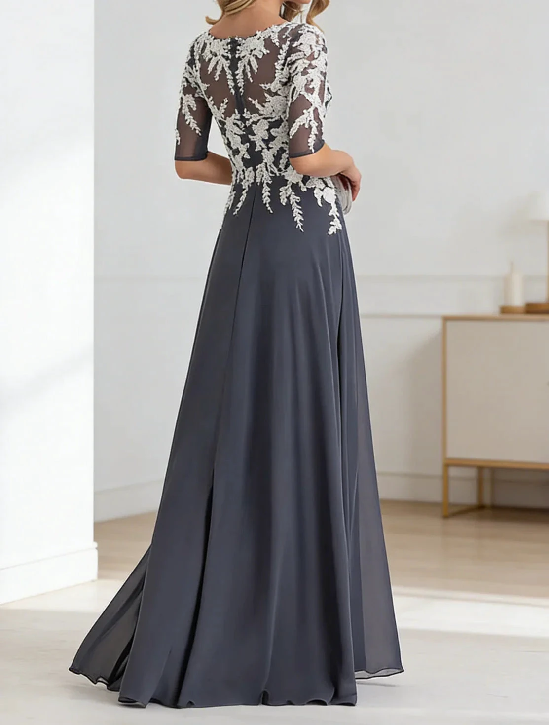 Dusty Blue Chiffon Gown With Lace Bodice