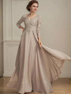 A-line V-Neck Floor-Length Lace Chiffon Mother of the Bride Dress With Sequins