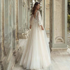 Elegant A-Line Wedding Dress Puff Sleeve Romantic Bridal Backless Beaded Appliques V-Neck Bride Dresses Vestido Noiva