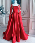 Gorgeous Red Satin Appliques Prom Dress,Formal A Line Party Evening Dress With Cape Y7593