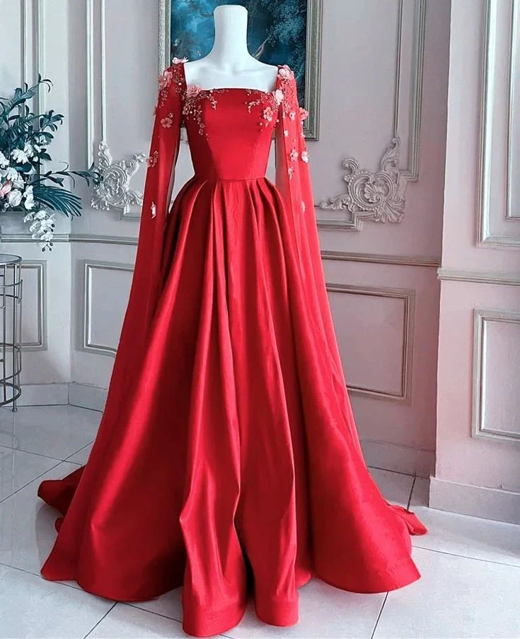 Gorgeous Red Satin Appliques Prom Dress,Formal A Line Party Evening Dress With Cape Y7593