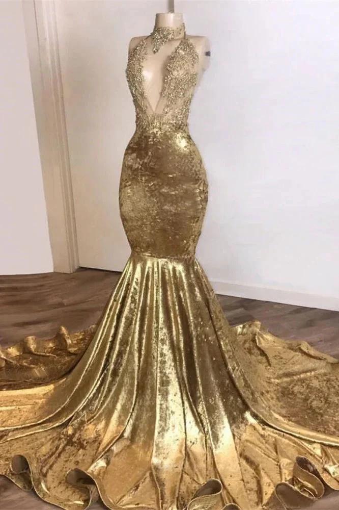 Glossy Glod Hater Sleeveless Mermaid Long Prom Dress With Lace Appliques