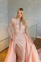 Long Sleeves Mermaid High Neck Sequins Prom Dresses with Slit