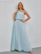Ruffled One Shoulder Sleeveless Long Bridesmaid Dresses A-line Formal Evening Gown Side Split 28080