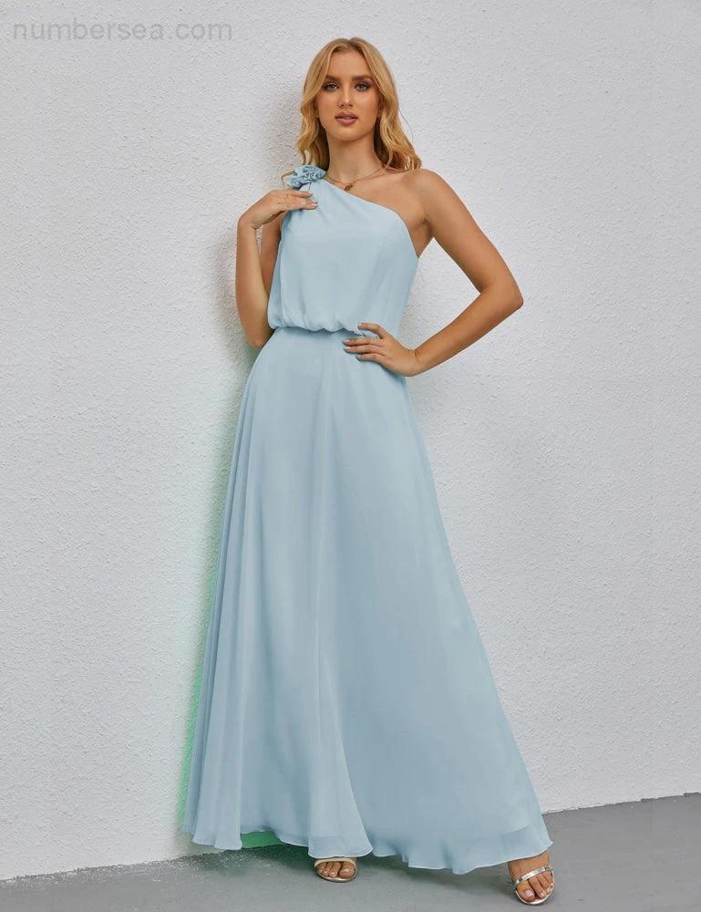 Ruffled One Shoulder Sleeveless Long Bridesmaid Dresses A-line Formal Evening Gown Side Split 28080